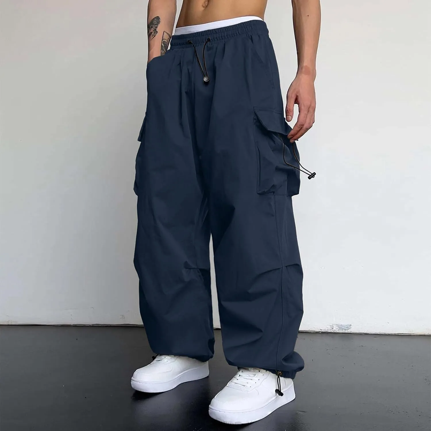 Men Cargo Pants Casual Wide Leg Elastic Waist Drawstring Pant Outdoor Pants Multi Pockets