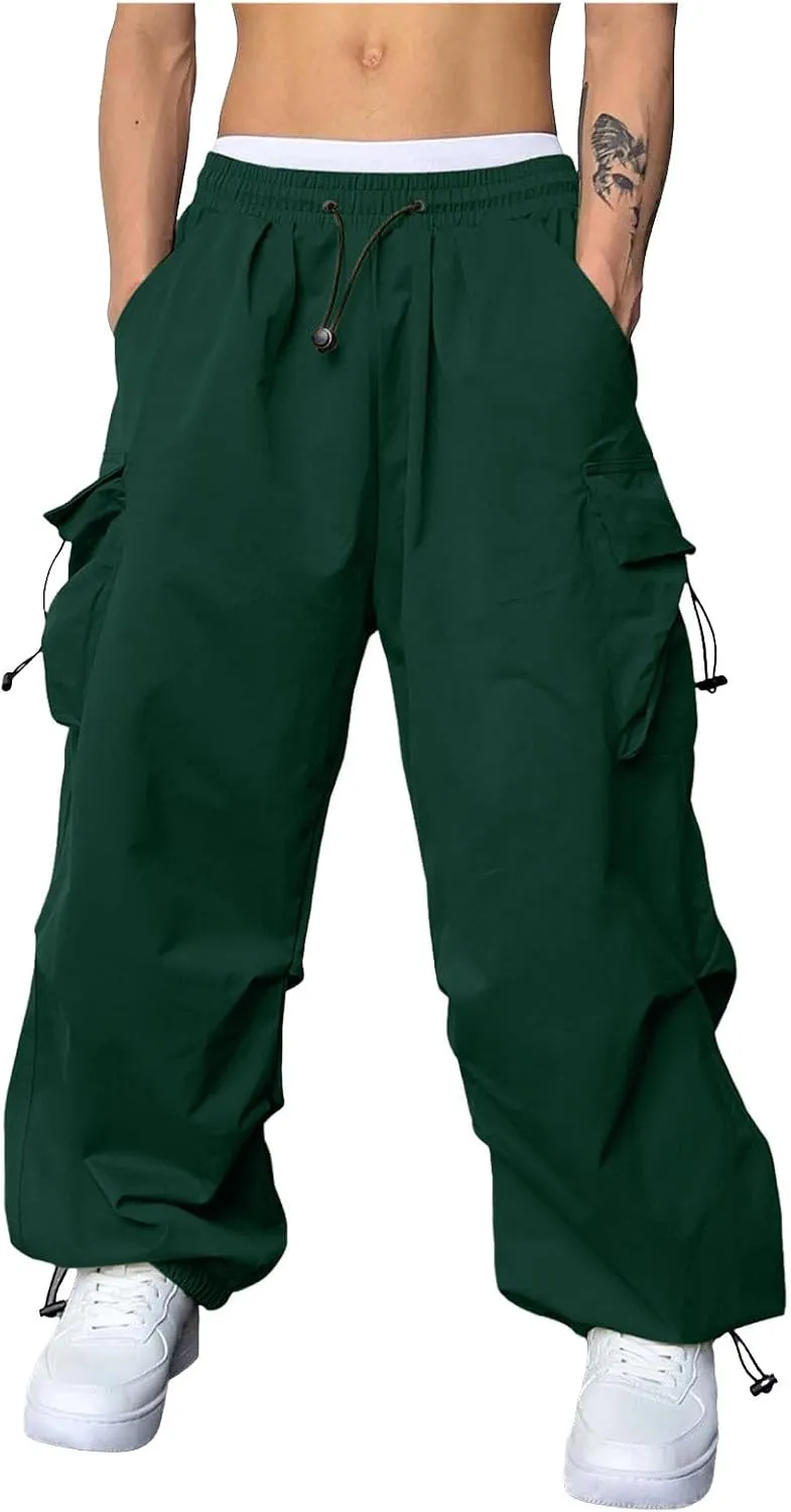 Men Cargo Pants Casual Wide Leg Elastic Waist Drawstring Pant Outdoor Pants Multi Pockets
