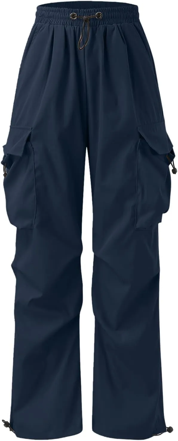 Men Cargo Pants Casual Wide Leg Elastic Waist Drawstring Pant Outdoor Pants Multi Pockets