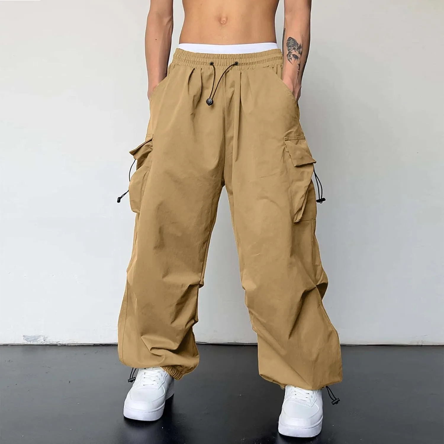 Men Cargo Pants Casual Wide Leg Elastic Waist Drawstring Pant Outdoor Pants Multi Pockets