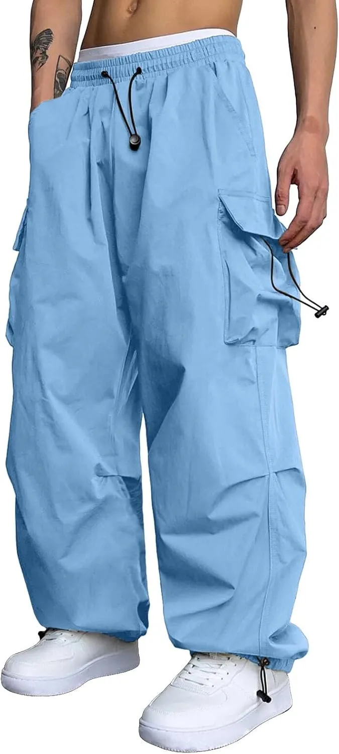 Men Cargo Pants Casual Wide Leg Elastic Waist Drawstring Pant Outdoor Pants Multi Pockets