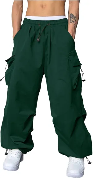 Men Cargo Pants Casual Wide Leg Elastic Waist Drawstring Pant Outdoor Pants Multi Pockets