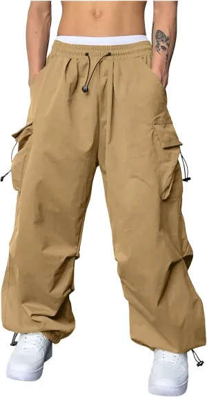 Men Cargo Pants Casual Wide Leg Elastic Waist Drawstring Pant Outdoor Pants Multi Pockets