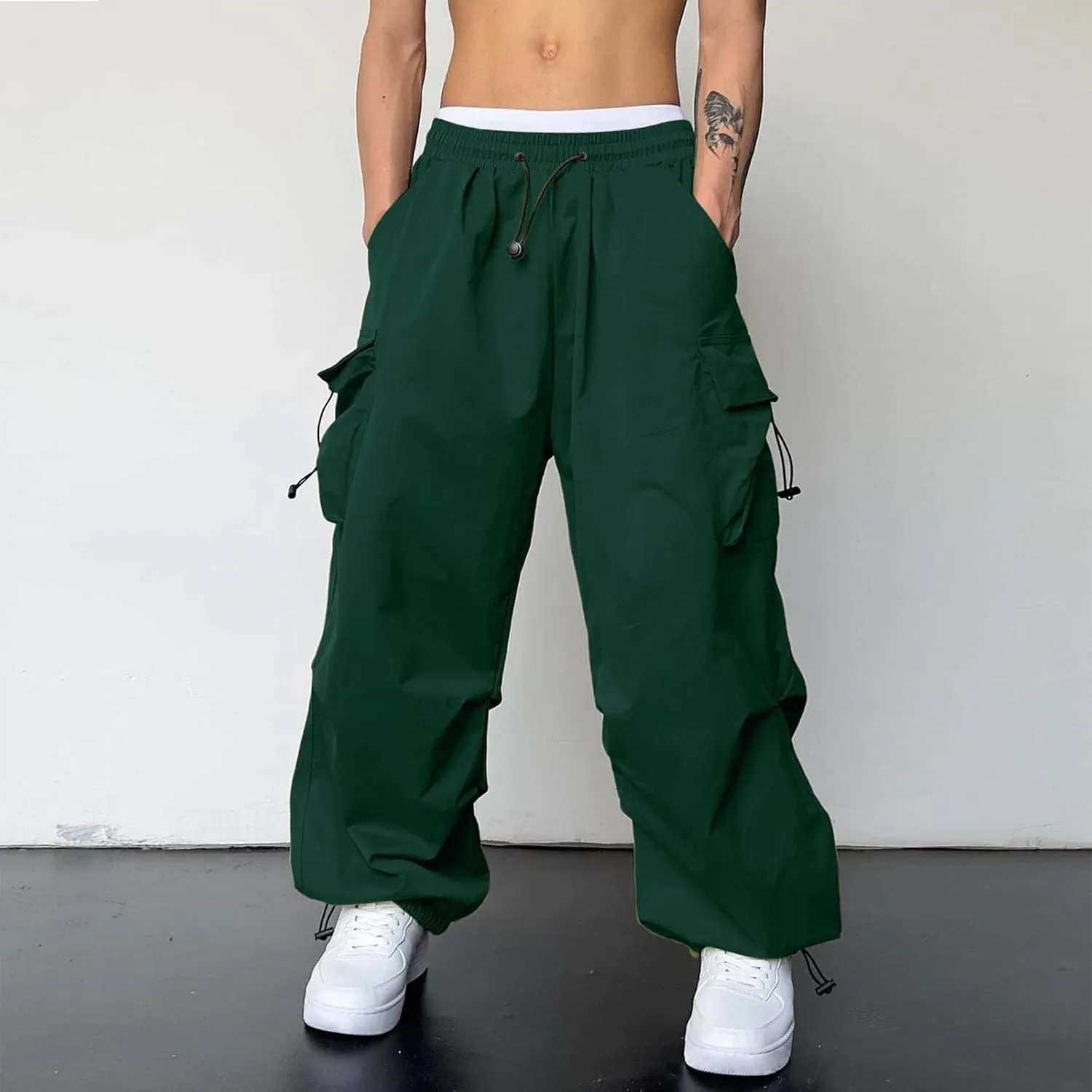 Men Cargo Pants Casual Wide Leg Elastic Waist Drawstring Pant Outdoor Pants Multi Pockets