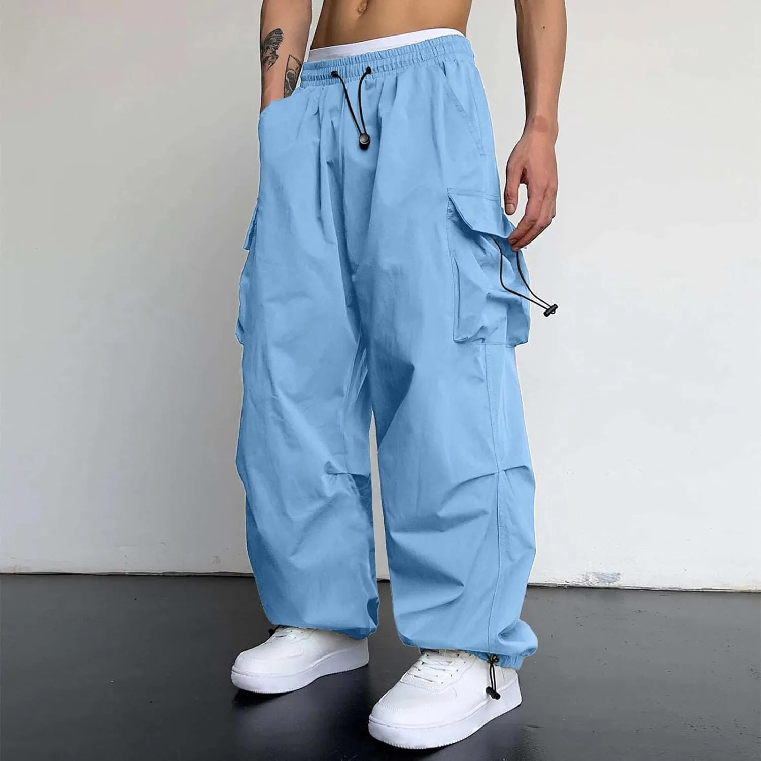 Men Cargo Pants Casual Wide Leg Elastic Waist Drawstring Pant Outdoor Pants Multi Pockets