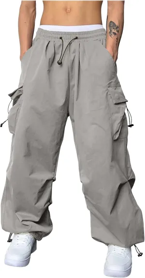 Men Cargo Pants Casual Wide Leg Elastic Waist Drawstring Pant Outdoor Pants Multi Pockets
