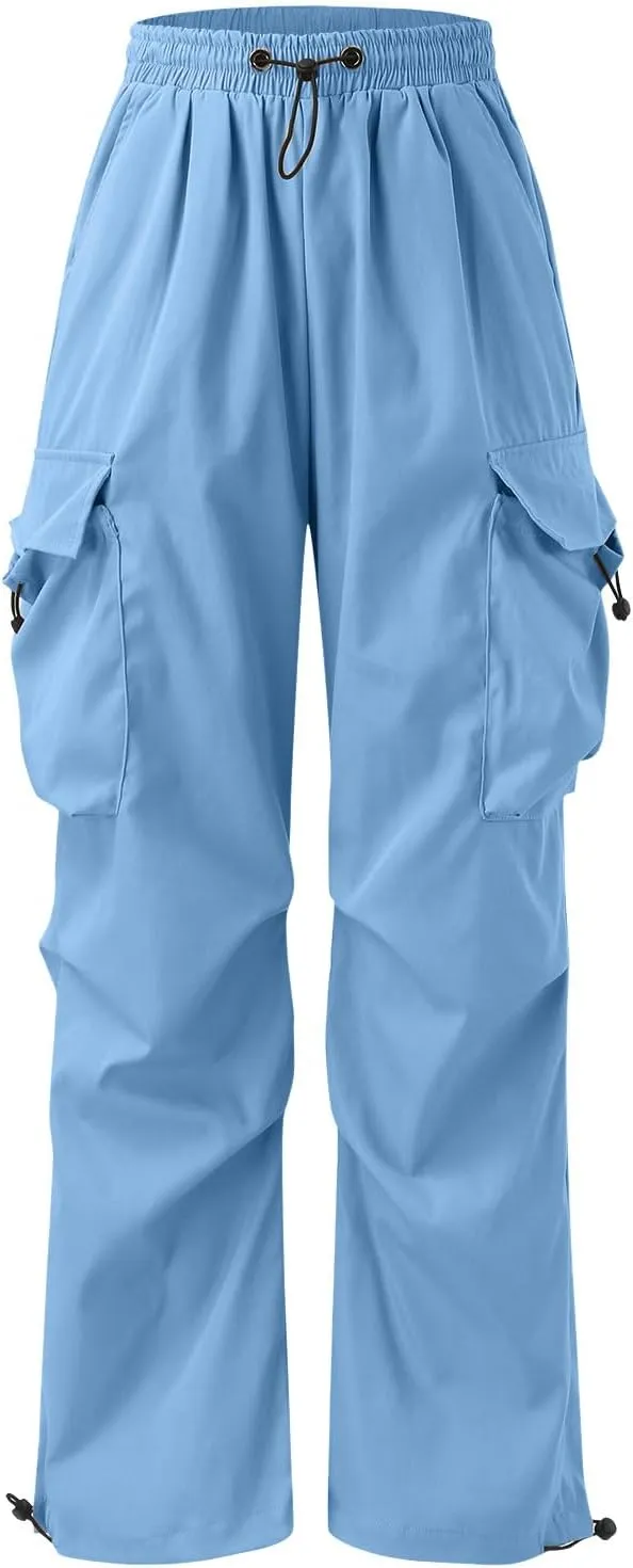 Men Cargo Pants Casual Wide Leg Elastic Waist Drawstring Pant Outdoor Pants Multi Pockets