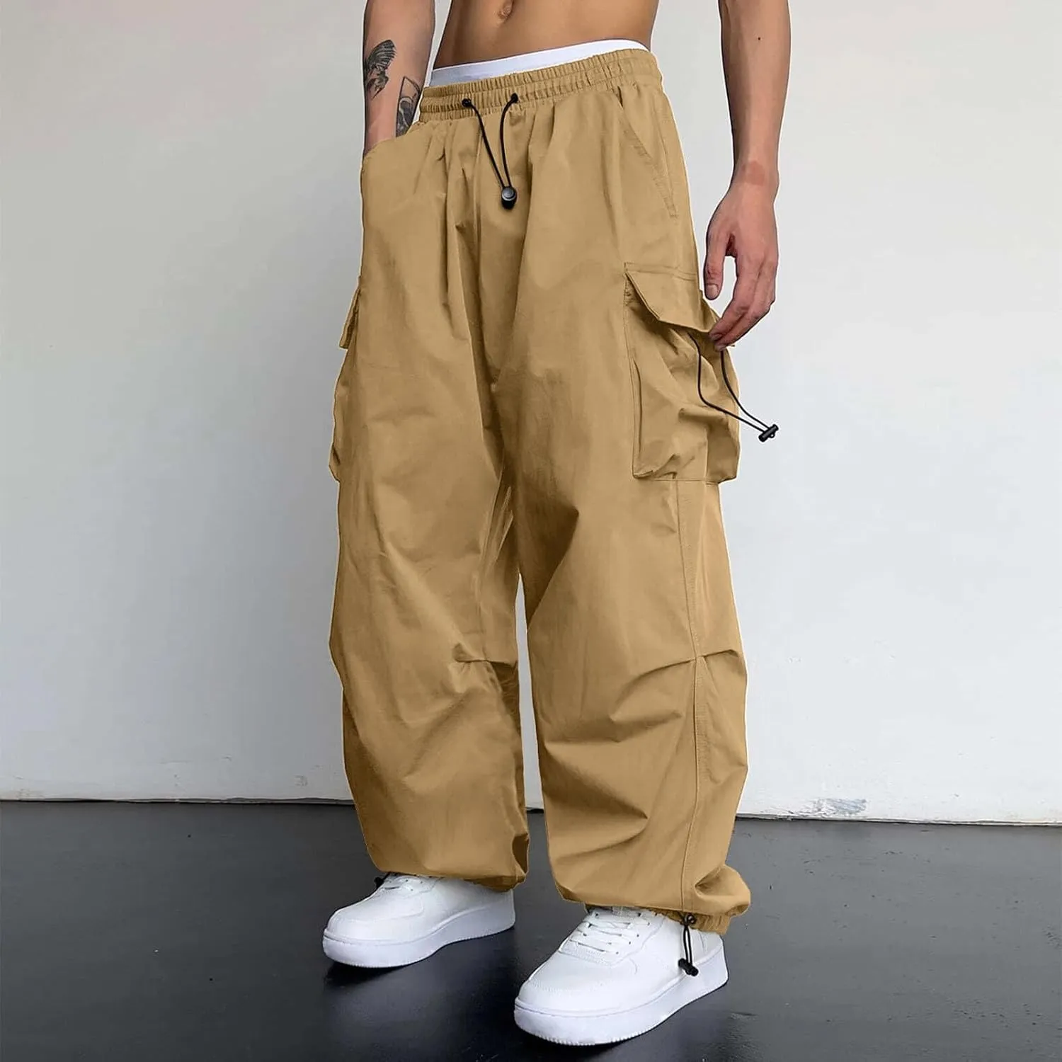 Men Cargo Pants Casual Wide Leg Elastic Waist Drawstring Pant Outdoor Pants Multi Pockets