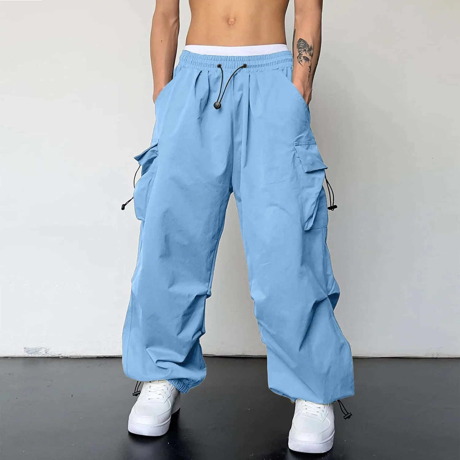Men Cargo Pants Casual Wide Leg Elastic Waist Drawstring Pant Outdoor Pants Multi Pockets