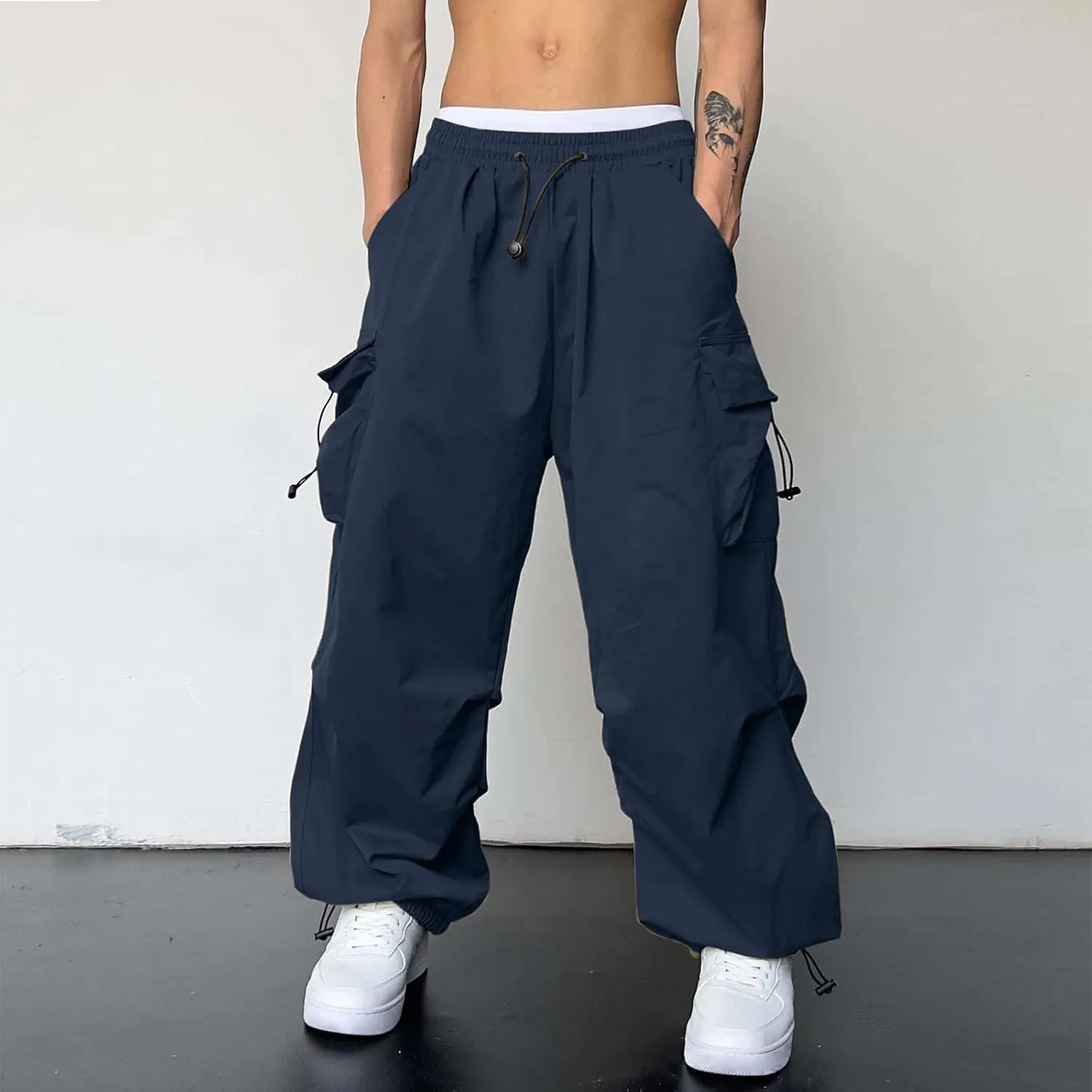 Men Cargo Pants Casual Wide Leg Elastic Waist Drawstring Pant Outdoor Pants Multi Pockets