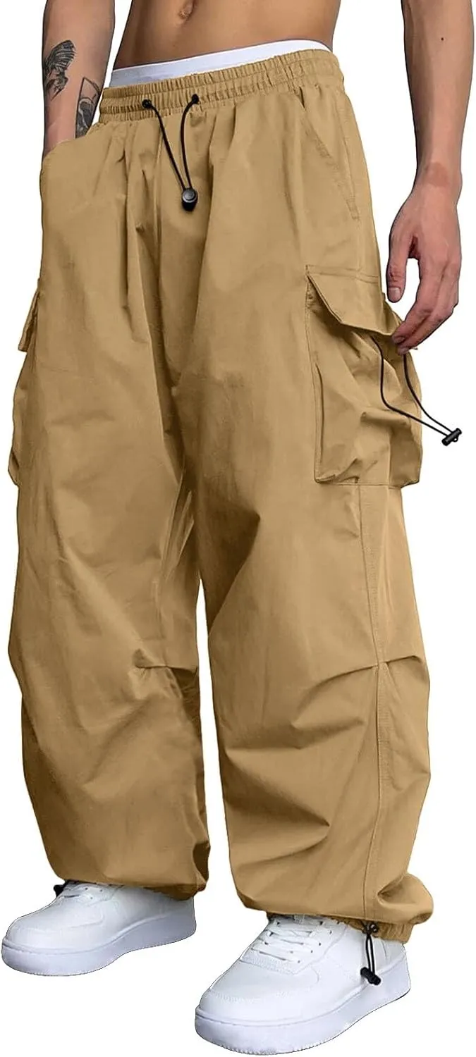 Men Cargo Pants Casual Wide Leg Elastic Waist Drawstring Pant Outdoor Pants Multi Pockets