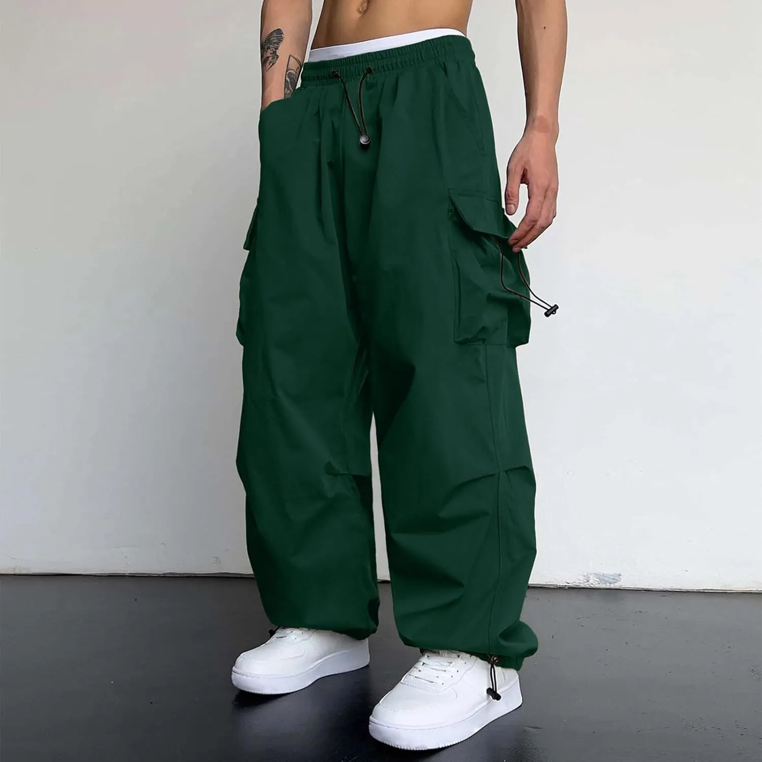 Men Cargo Pants Casual Wide Leg Elastic Waist Drawstring Pant Outdoor Pants Multi Pockets