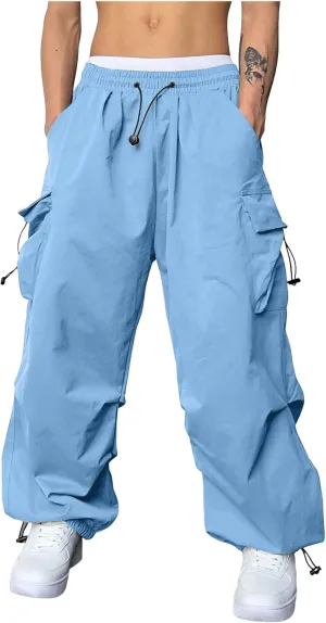 Men Cargo Pants Casual Wide Leg Elastic Waist Drawstring Pant Outdoor Pants Multi Pockets