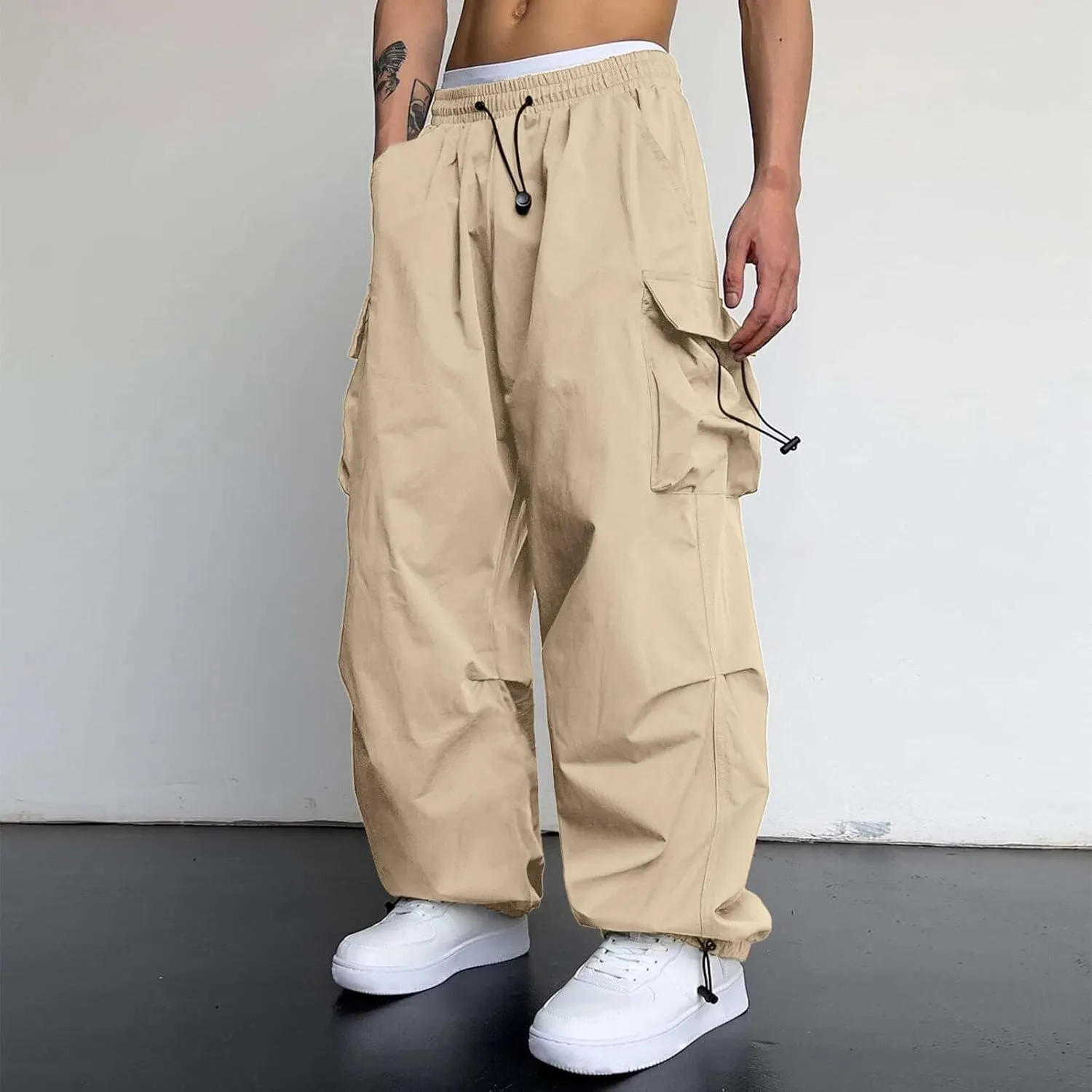 Men Cargo Pants Casual Wide Leg Elastic Waist Drawstring Pant Outdoor Pants Multi Pockets