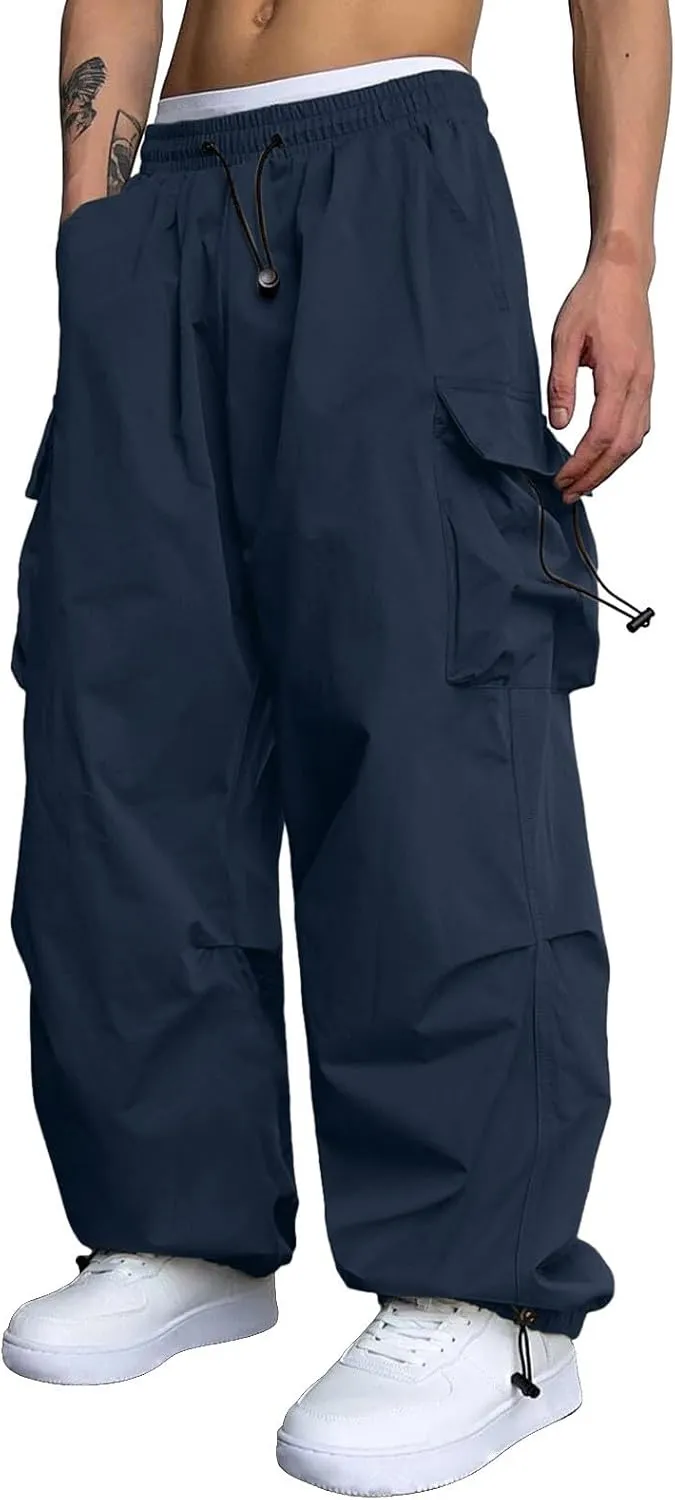 Men Cargo Pants Casual Wide Leg Elastic Waist Drawstring Pant Outdoor Pants Multi Pockets
