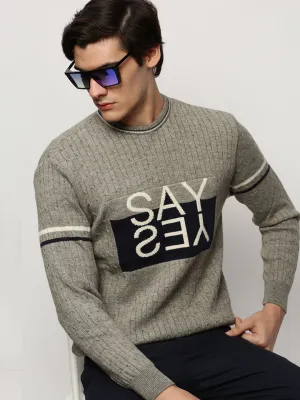 Men Grey Cable Knit Acrylic Pullover