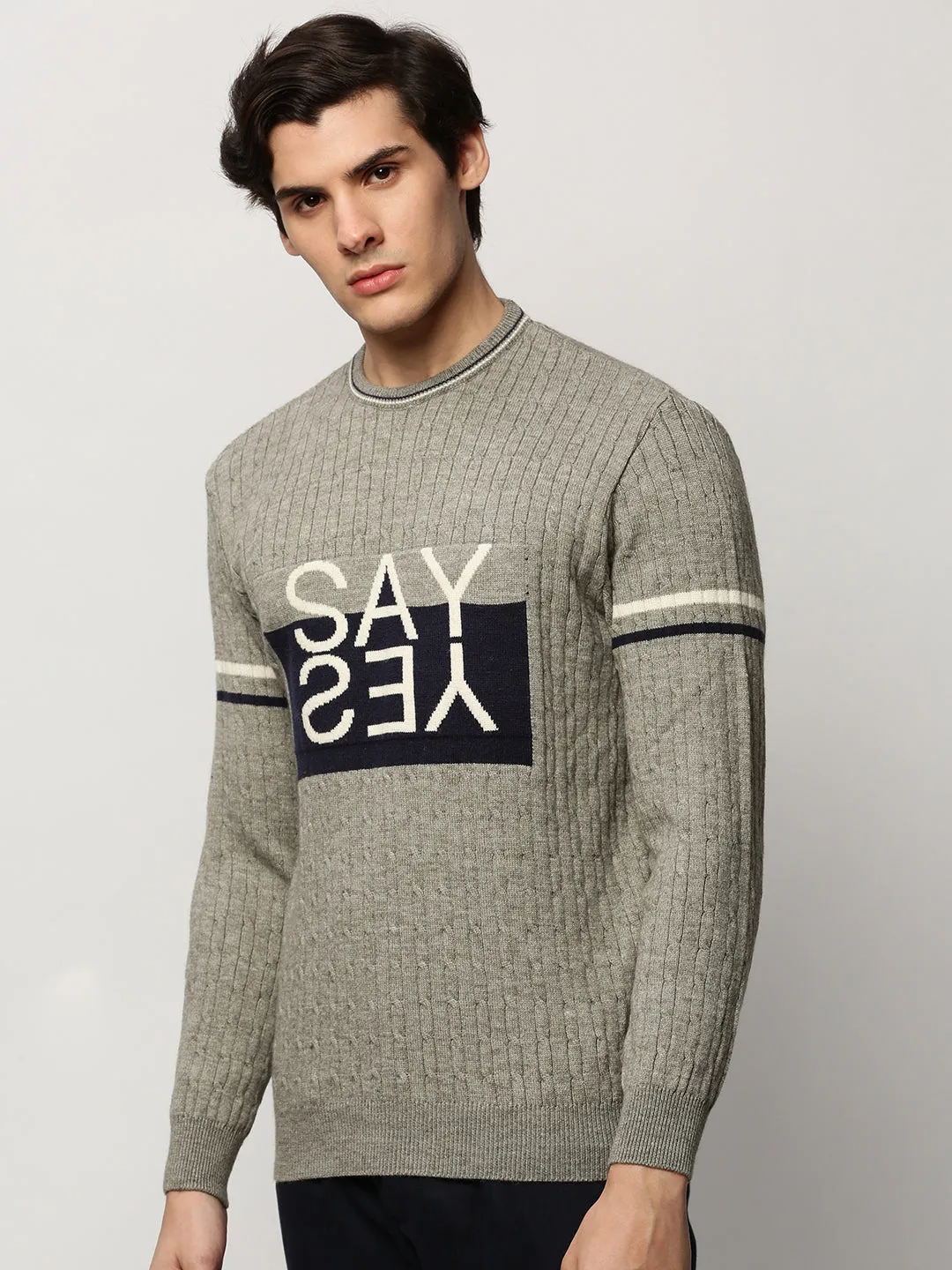 Men Grey Cable Knit Acrylic Pullover