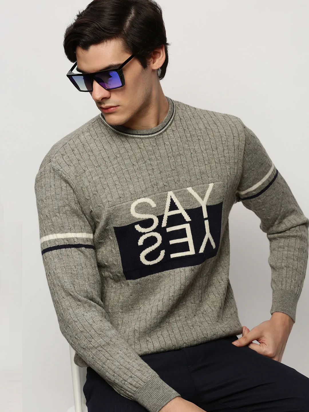 Men Grey Cable Knit Acrylic Pullover