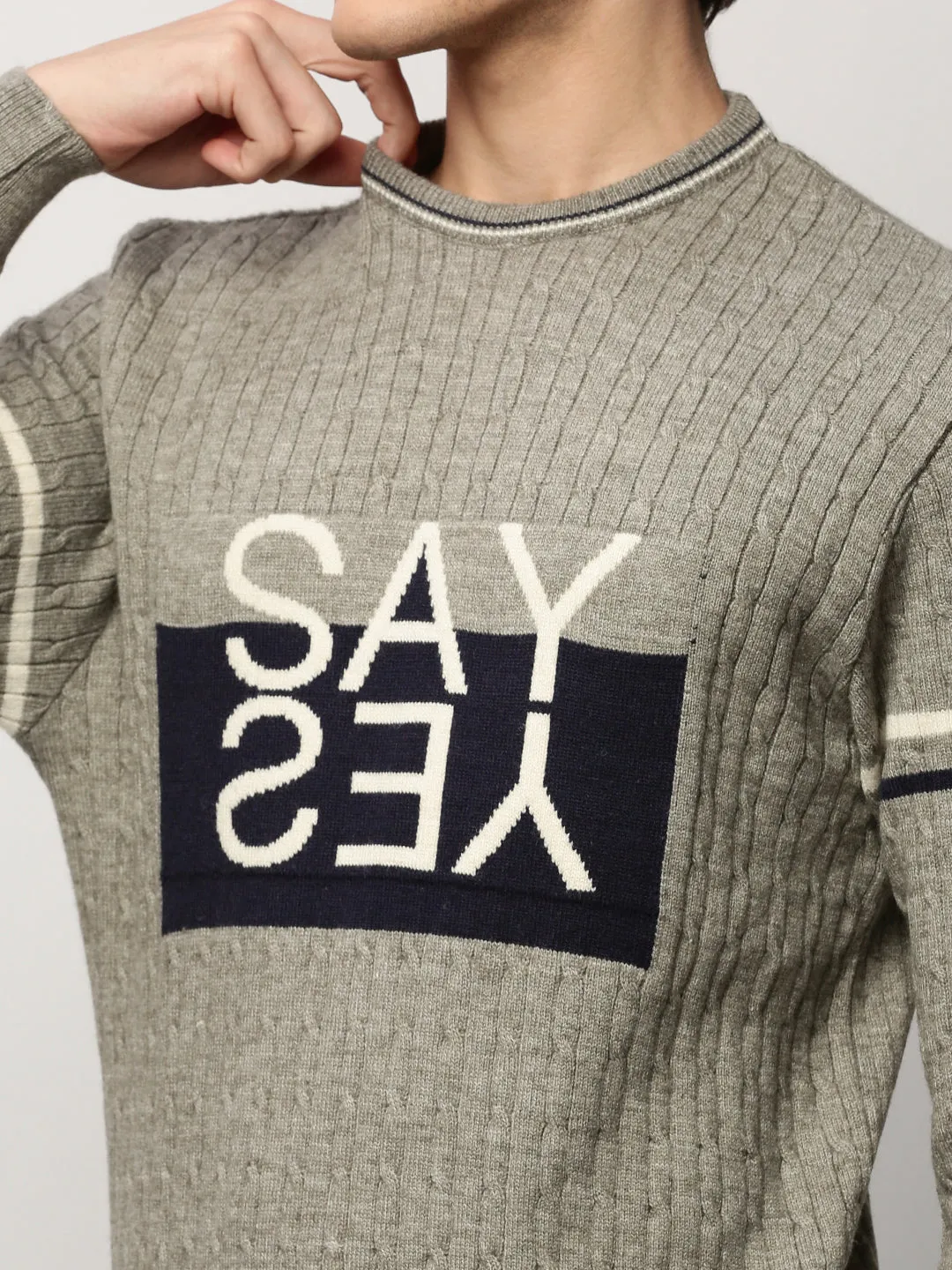 Men Grey Cable Knit Acrylic Pullover