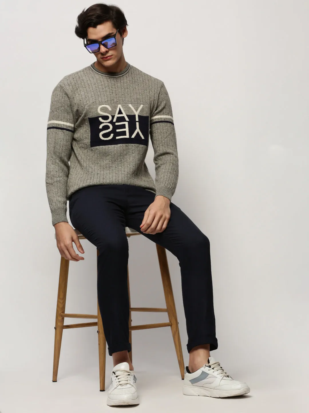 Men Grey Cable Knit Acrylic Pullover