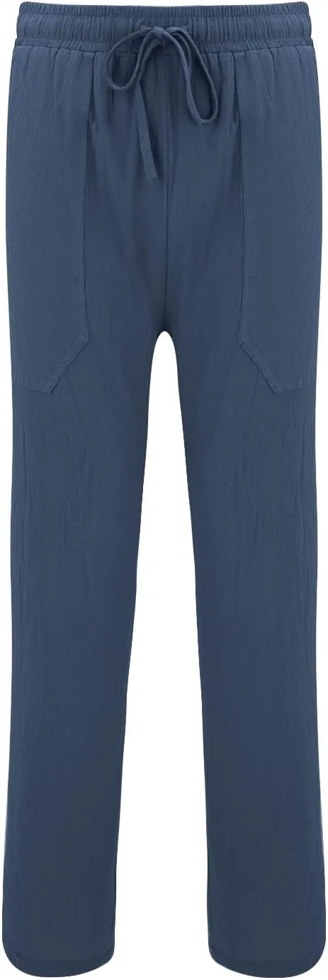 Mens Casual Cotton Linen Pleated Pants Elastic Waist Drawstrings Wide Leg Yoga Hippie Harem Pant Loose Fit Summer Trousers