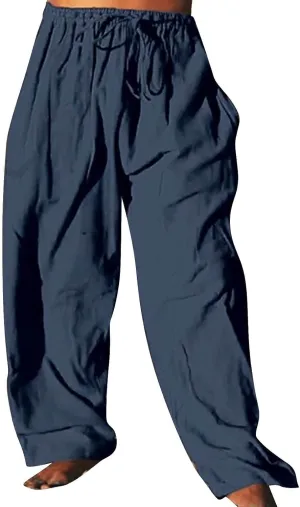 Mens Casual Cotton Linen Pleated Pants Elastic Waist Drawstrings Wide Leg Yoga Hippie Harem Pant Loose Fit Summer Trousers