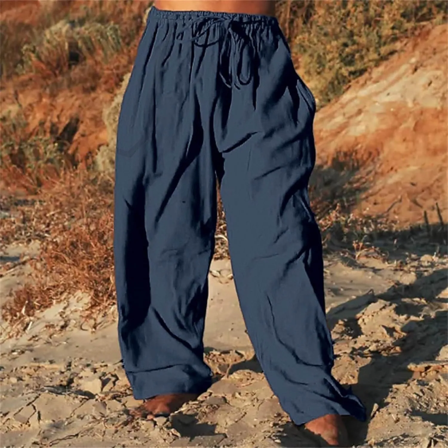 Mens Casual Cotton Linen Pleated Pants Elastic Waist Drawstrings Wide Leg Yoga Hippie Harem Pant Loose Fit Summer Trousers