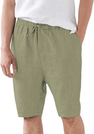 Mens Cotton and Linen Shorts Elastic Drawstring Solid Color Plus Size Casual Loose Pants Lightweight Breathable Beach Capris