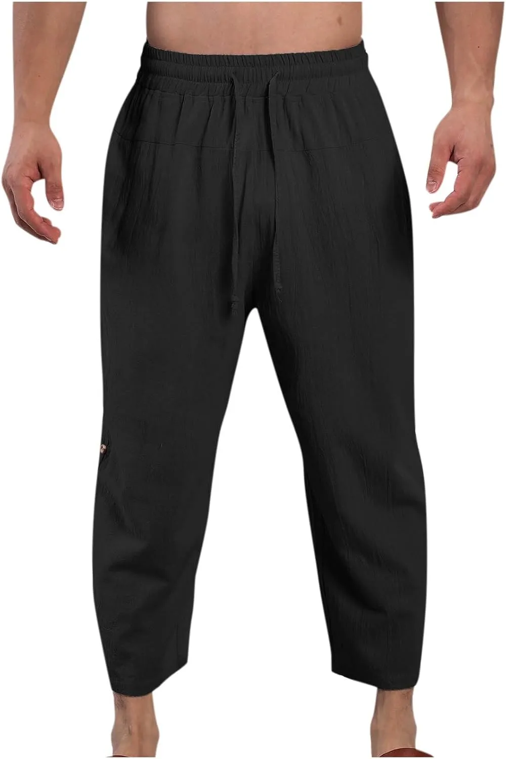 Mens Cotton Linen Drawstring Elastic Waist Casual Jogger Yoga Pants Slim Fit Lounge Cropped Pants Workout Pants
