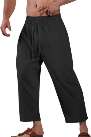 Mens Cotton Linen Drawstring Elastic Waist Casual Jogger Yoga Pants Slim Fit Lounge Cropped Pants Workout Pants