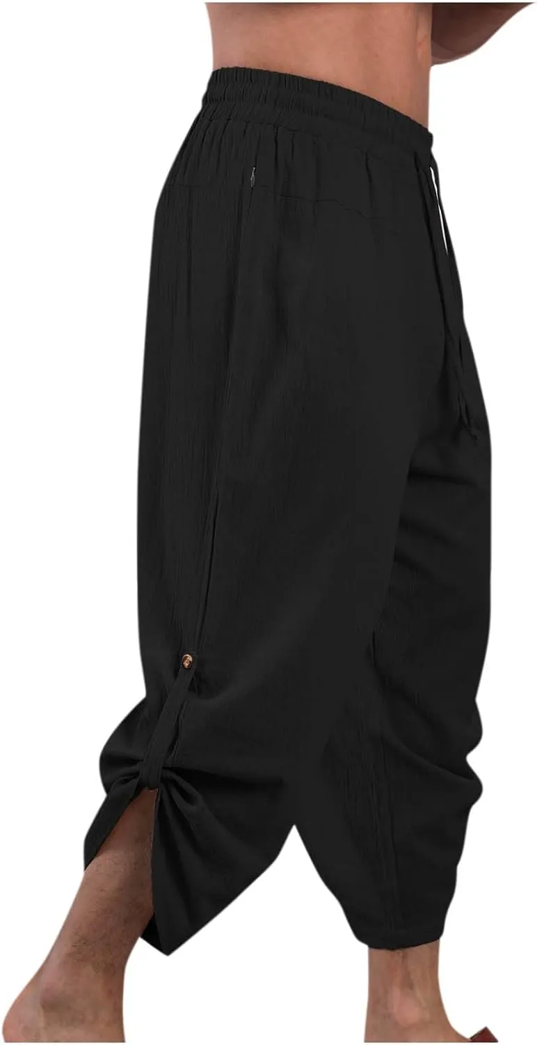 Mens Cotton Linen Drawstring Elastic Waist Casual Jogger Yoga Pants Slim Fit Lounge Cropped Pants Workout Pants