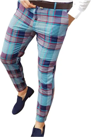 Men's Dress Suit Pants Slim Fit Striped Plaid Printed Flat-Front Stretch Pants Straight Business Skinny Pencil Trousers Blue