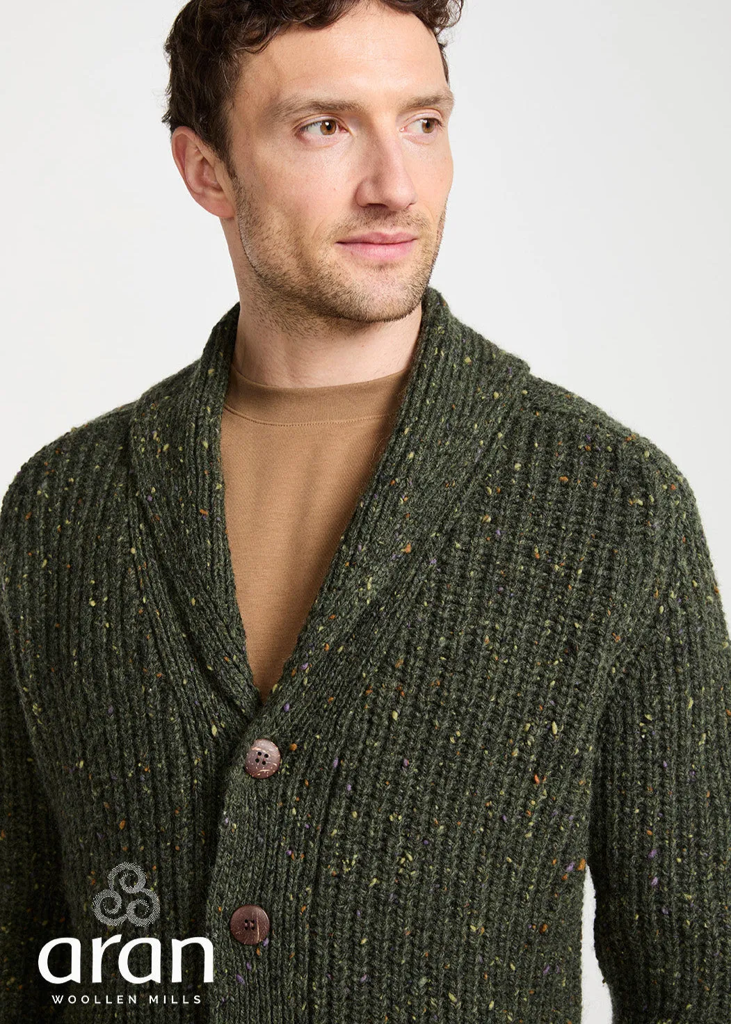 Men's Fisherman Rib Shawl Cardigan | Green
