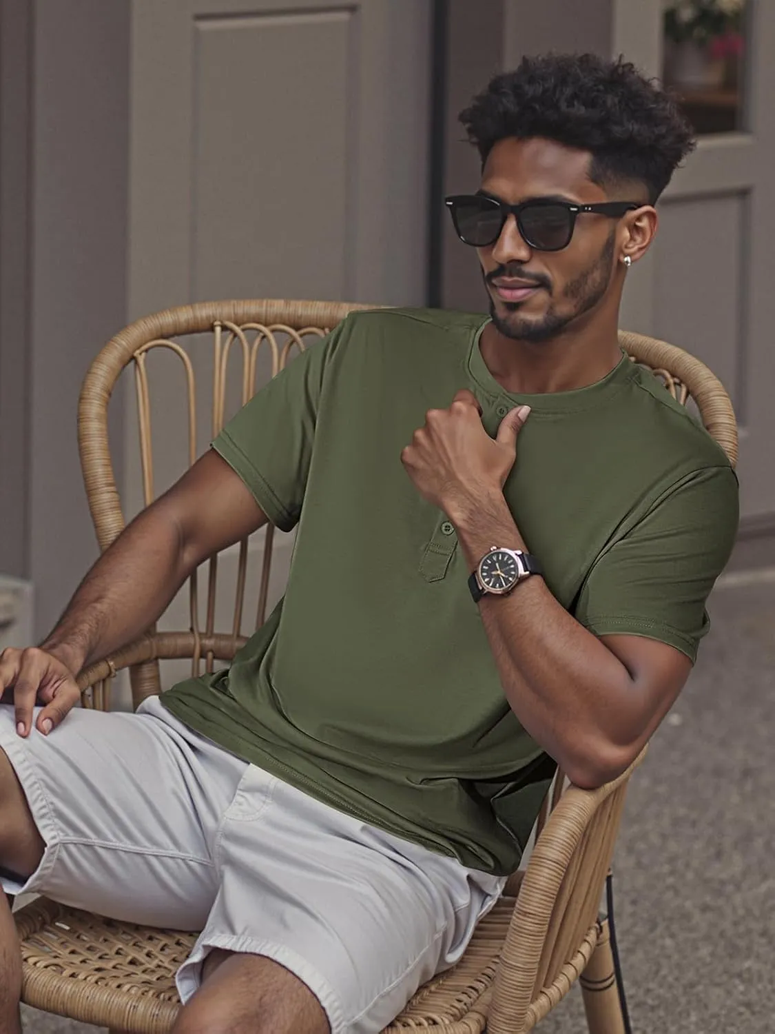 Men's Henley Short Sleeve Shirts Casual T-Shirts Button Top Summer Soild Basic Tee