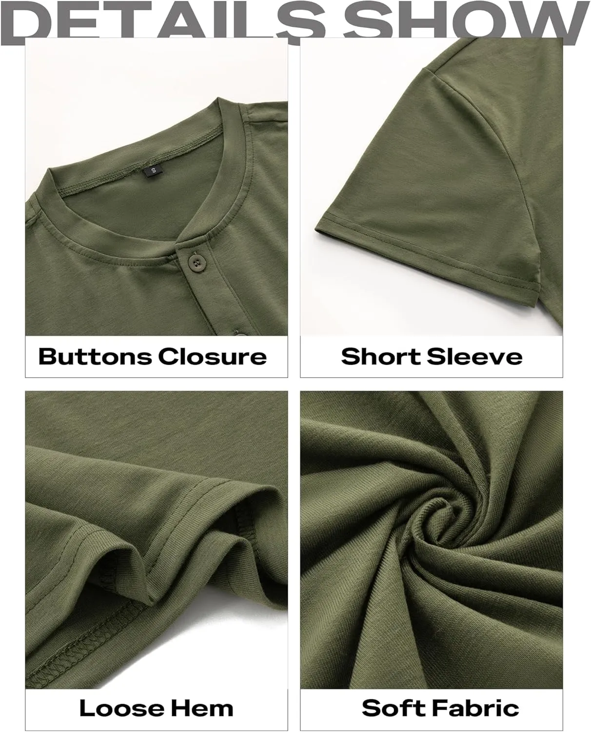 Men's Henley Short Sleeve Shirts Casual T-Shirts Button Top Summer Soild Basic Tee