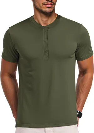 Men's Henley Short Sleeve Shirts Casual T-Shirts Button Top Summer Soild Basic Tee