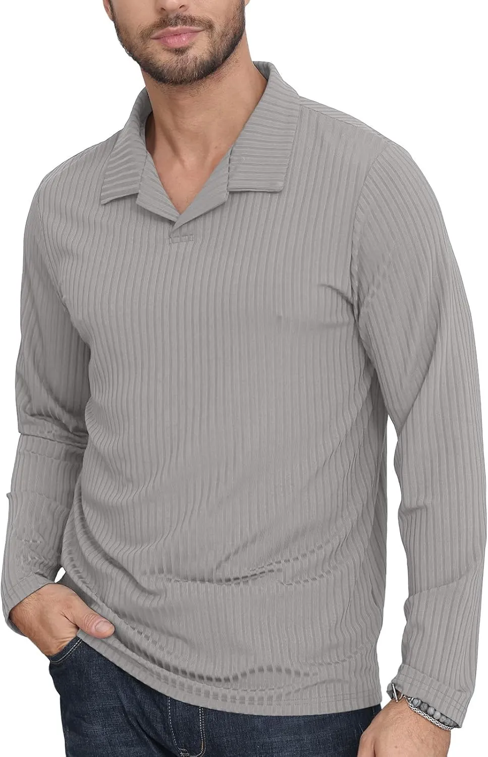 Men's Knit Polo Shirts Casual V Neck T-Shirts Stylish Golf Polo Shirts Ribbed Soft Tee