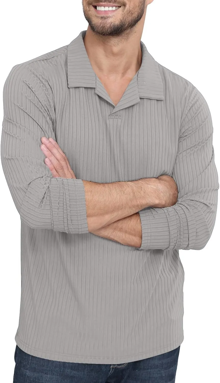 Men's Knit Polo Shirts Casual V Neck T-Shirts Stylish Golf Polo Shirts Ribbed Soft Tee