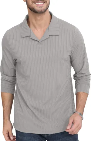 Men's Knit Polo Shirts Casual V Neck T-Shirts Stylish Golf Polo Shirts Ribbed Soft Tee