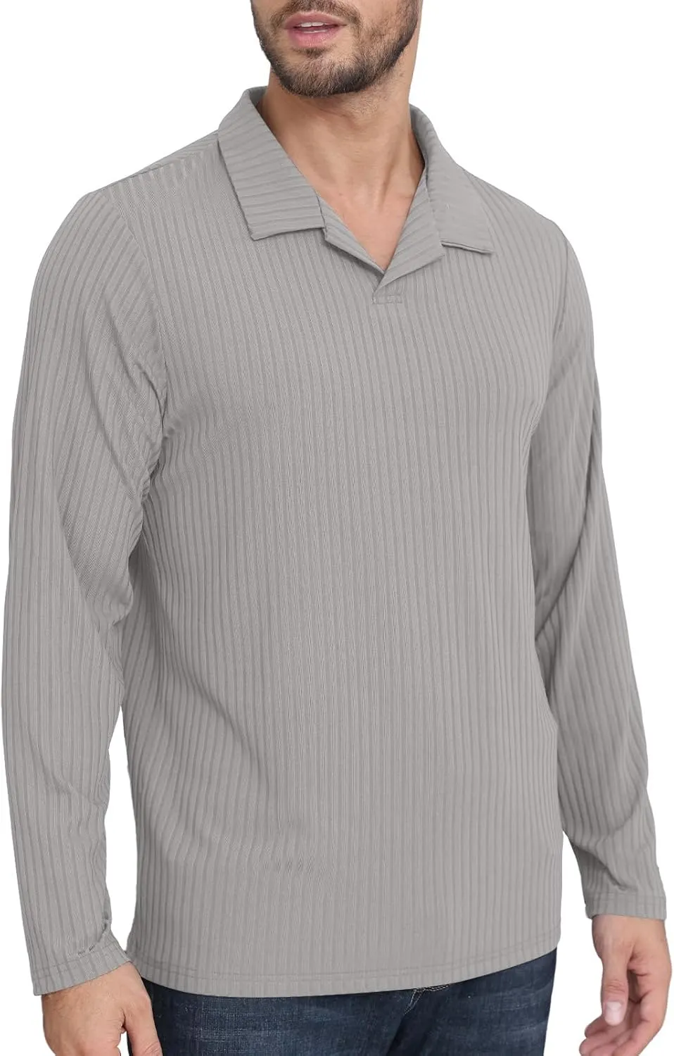 Men's Knit Polo Shirts Casual V Neck T-Shirts Stylish Golf Polo Shirts Ribbed Soft Tee