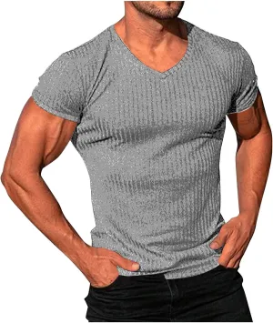 Mens Knit T Shirts Slim Fit Casual V Neck Short Sleeve Men Fashion Ribbed Knit Vintage Sweater Tee Pullover Shirts
