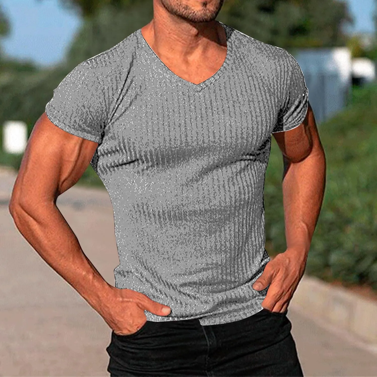 Mens Knit T Shirts Slim Fit Casual V Neck Short Sleeve Men Fashion Ribbed Knit Vintage Sweater Tee Pullover Shirts