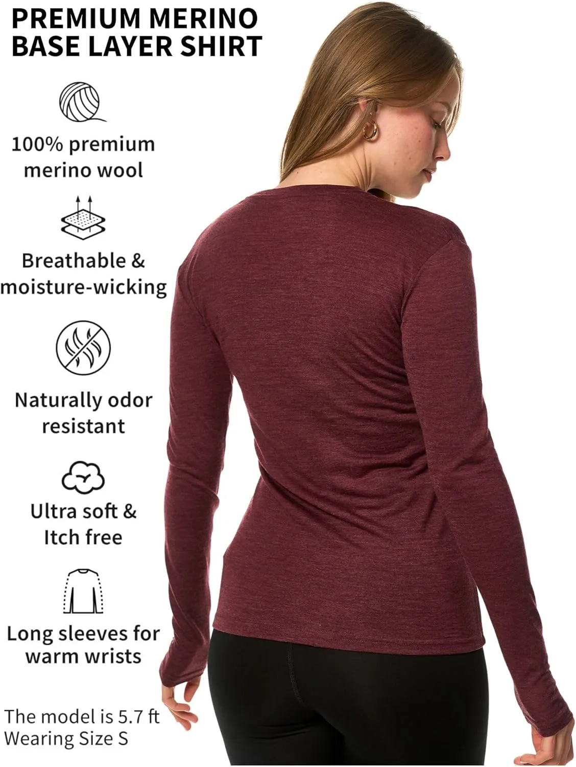 Merino Wool Base Layer Women - 100% Merino Wool Shirt Women Thermal Underwear Long Sleeve T-Shirt for Hiking