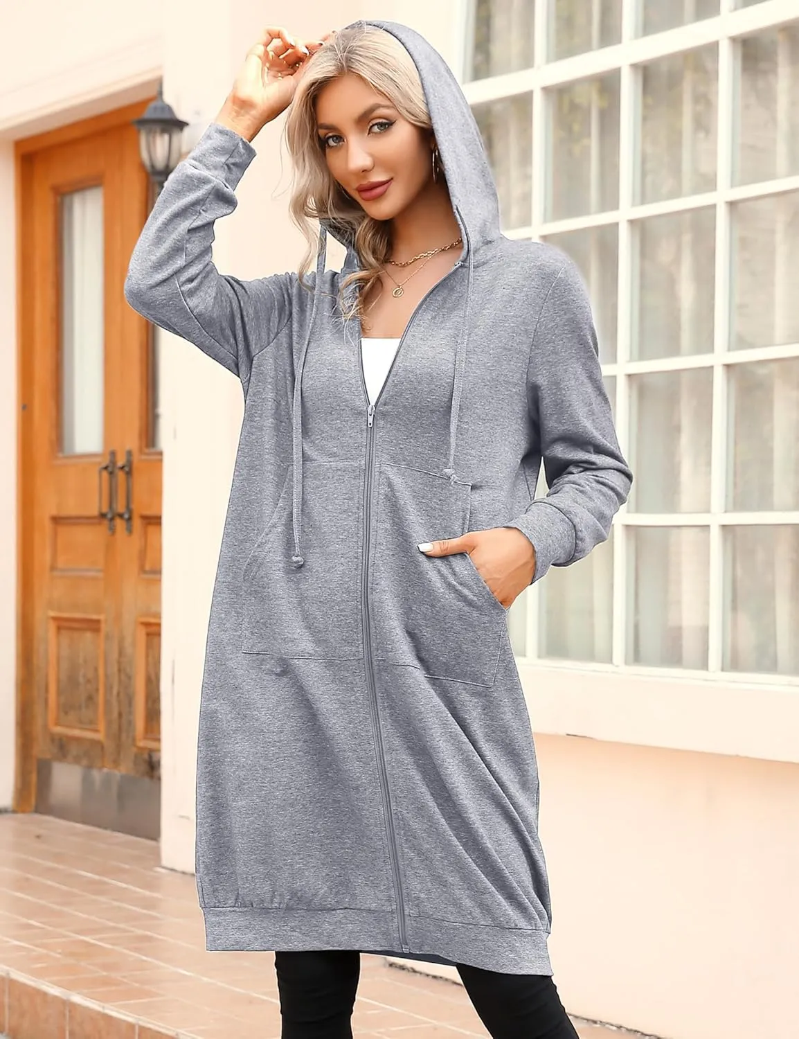 MISSKY Women's Casual Long Hoodies with Pockets Tunic Sweatshirt Outerwear Jacket