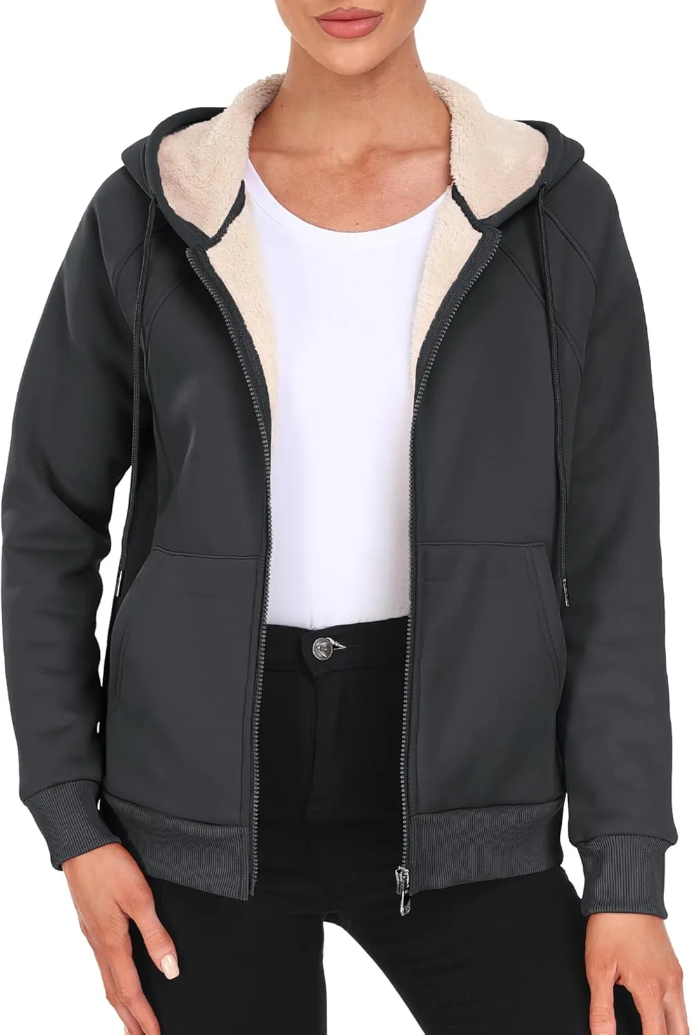 MoFiz Women's Fleece Zip Up Hoodie Warm and Cozy Sherpa Lined Sweatshirt Winter Hoodie Jackets for Women with Pockets