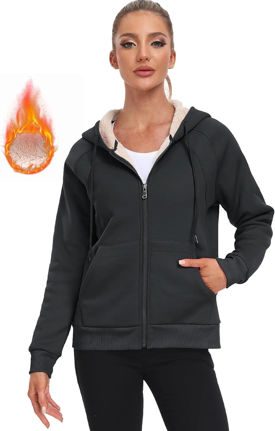 MoFiz Women's Fleece Zip Up Hoodie Warm and Cozy Sherpa Lined Sweatshirt Winter Hoodie Jackets for Women with Pockets