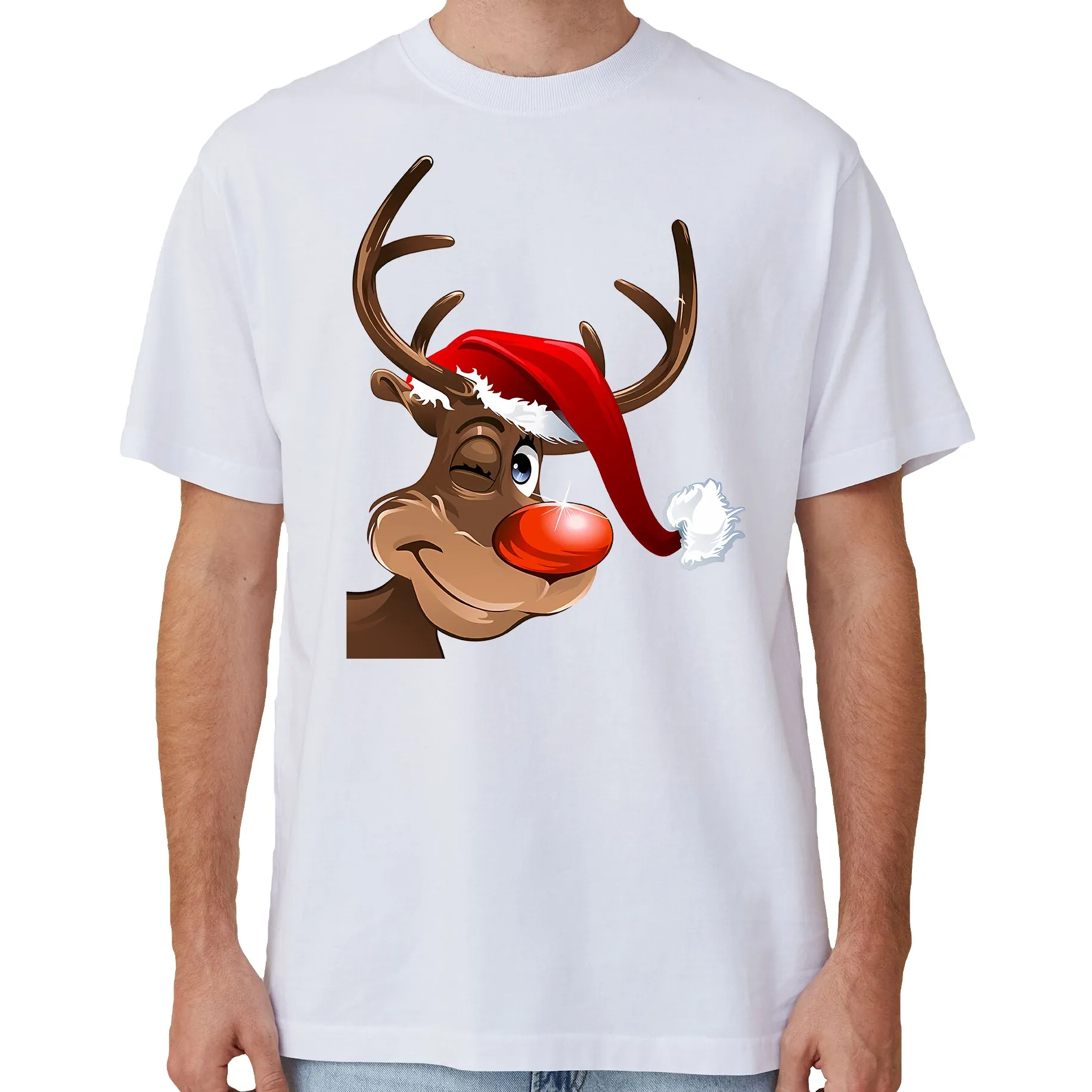 NNEDSZ 100% Cotton Christmas T-shirt Adult Unisex Tee Tops Funny Santa Party Custume, Reindeer Wink (White), M