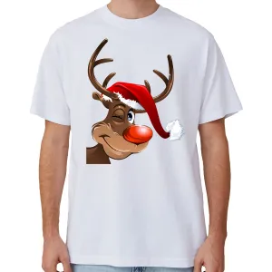 NNEDSZ 100% Cotton Christmas T-shirt Adult Unisex Tee Tops Funny Santa Party Custume, Reindeer Wink (White), M