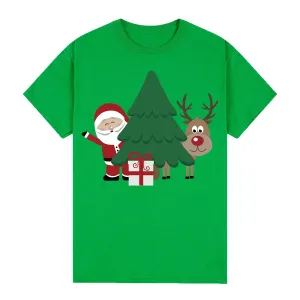 NNEDSZ 100% Cotton Christmas T-shirt Adult Unisex Tee Tops Funny Santa Party Custume, Santa with Tree (Green), L