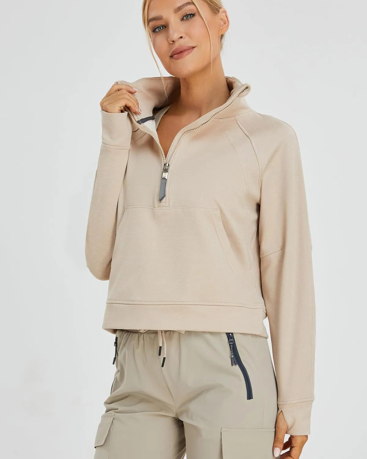 Oalka Sweatshirts Half Zip Long Sleeve Cropped Pullover Lined Full Zip Hoodies Thumb Hole Jackets
